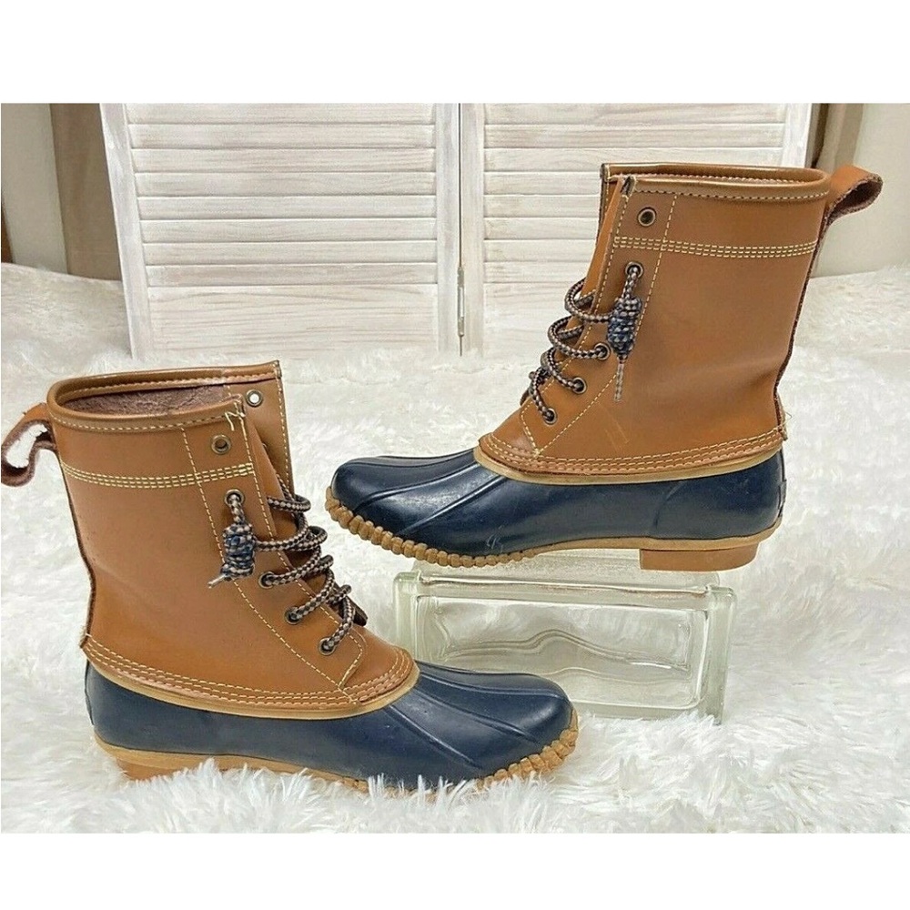 Lands End Womens Rain Duck Boots 8B Brown Leather Blue Rubber Lace Up V3838